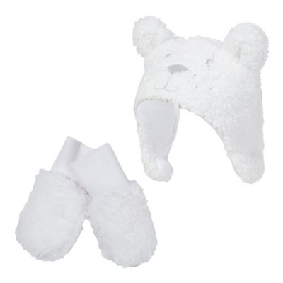bluezoo Baby girls' white fleece hat and mittens set